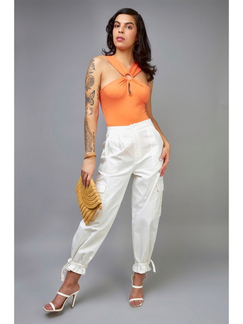 Linen Blend White Cargo Pencil Pants